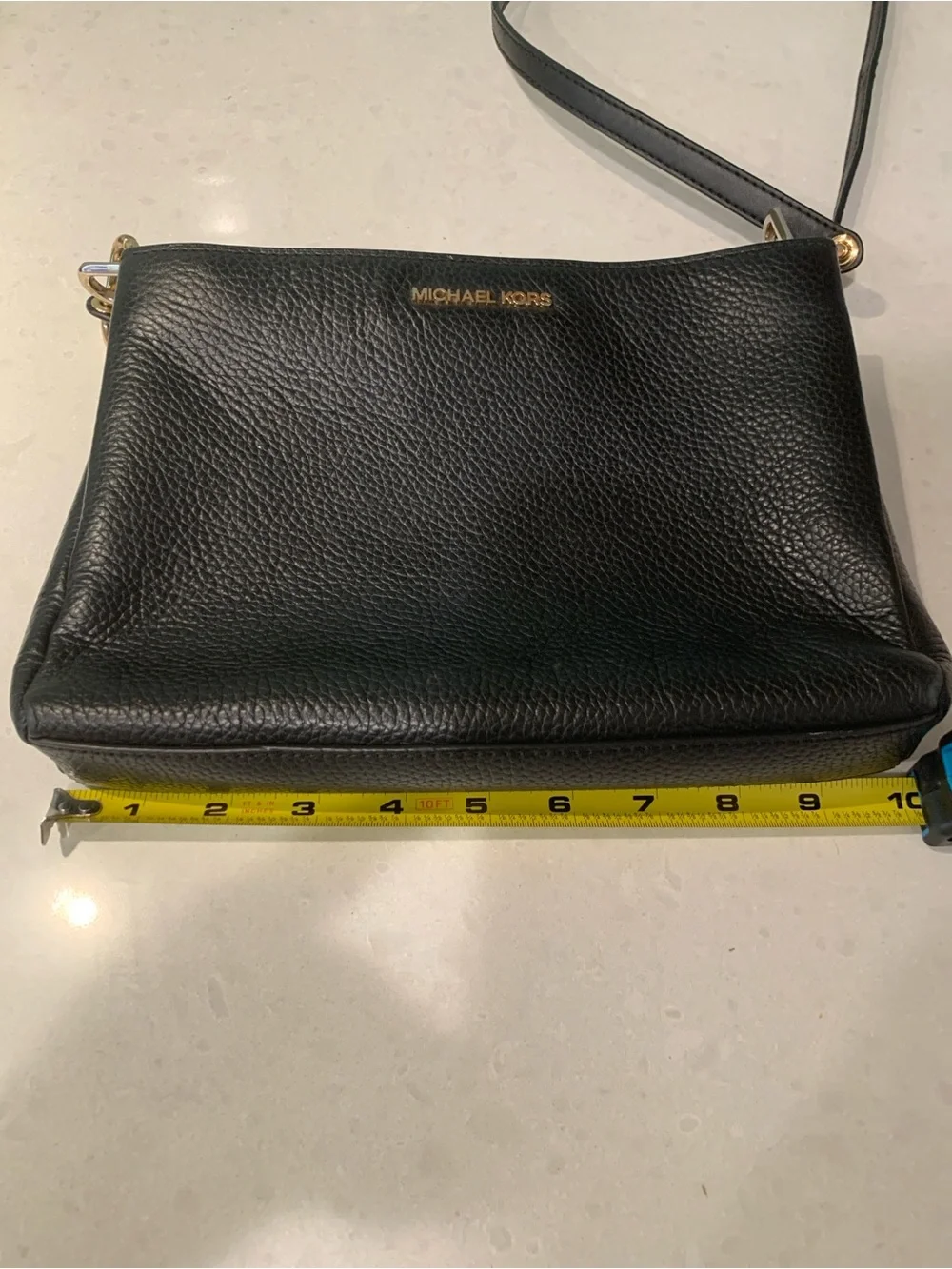 Michael Kors Black Leather Gold-Tone Logo Accent Adjustable  Strap Crossbody